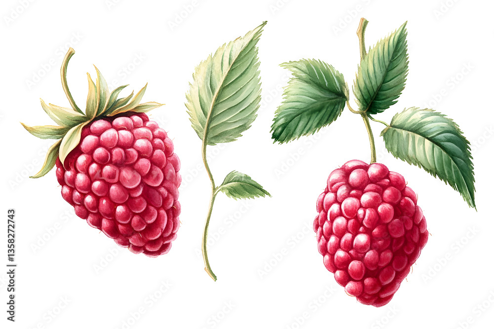 Illustration Of Isolated Raspberry Fruit With Leaves Transparent Design