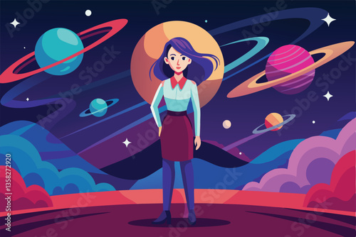A woman with flowing hair stands against a colorful cosmic landscape featuring planets and stars, Woman on background of planet,