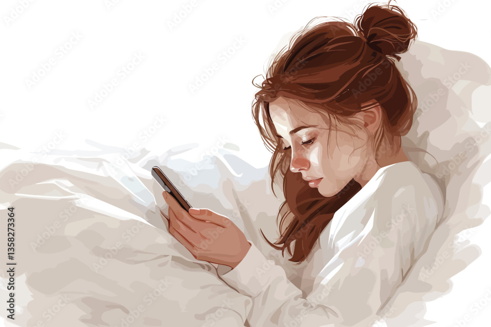 happy woman using phone in bed text isolated happy woman using phone in bed text isolated