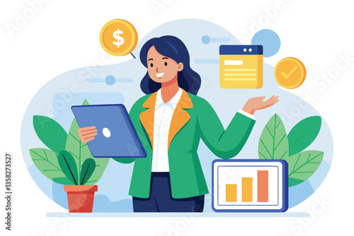A woman stands in a contemporary office, showcasing financial data on a tablet with dollar symbols, Woman presenting with tablet and dollar