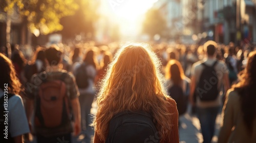 Wallpaper Mural Golden Hour Crowd: A Woman Walking Amidst a Bustling City Street Torontodigital.ca