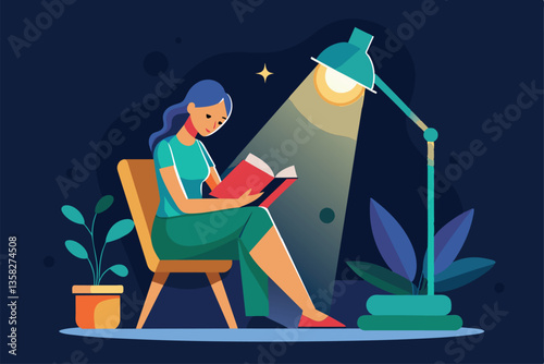 A woman enjoys reading a book in her study, under the warm light of a lamp surrounded by plants, woman reading a book with a study lamp