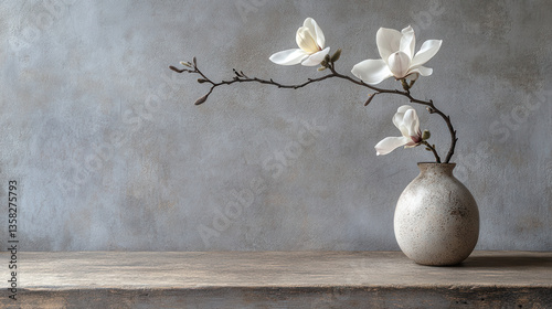A still life arrangement of a ceramic vase holding a single magnolia branch, gracefully displayed on a minimalist wooden surface. The creamy white petals contrast with the dark twigs, evoking a time