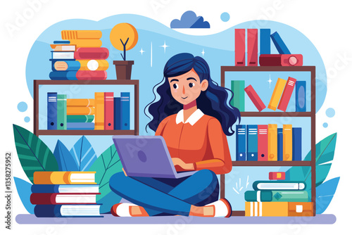 A woman sits on the floor, reading a book on her laptop in a bright, inviting online library space, woman reading book onlie concept online library