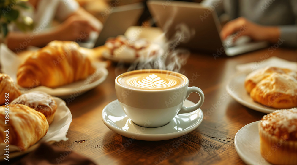 coffee cup on table, breakfast coffee break 