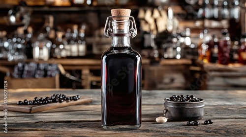 Delicious homemade elderberry liqueur, served in a stylish vintage bottle