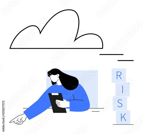 Woman holding clipboard points at risk blocks with cloud above. Ideal for planning, decision-making, management strategies, problem-solving, foresight, business strategies, abstract line flat
