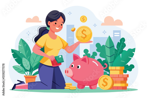 A woman cheerfully deposits coins into a pink piggy bank in her stylish indoor setting filled with greenery, Woman saves money in piggy bank