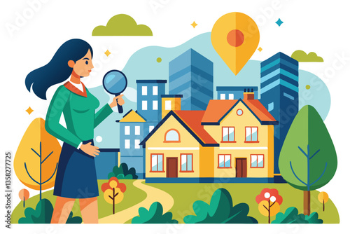 A woman examines properties while exploring a vibrant urban setting filled with modern buildings, Woman search real estate and private property,