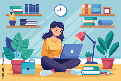 A woman is sitting on the floor at home, focused on her laptop amidst books and plants, Woman sitting at home and taking part in online learning