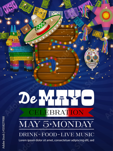 cinco de mayo party flyer with wooden number five, donkey pinada, star pinada, helium balloon and papel picado