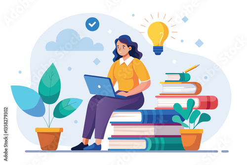 A woman is focused on her laptop, seated atop a stack of books surrounded by plants and a light bulb symbolizing ideas, woman sitting on a book with online learning concept