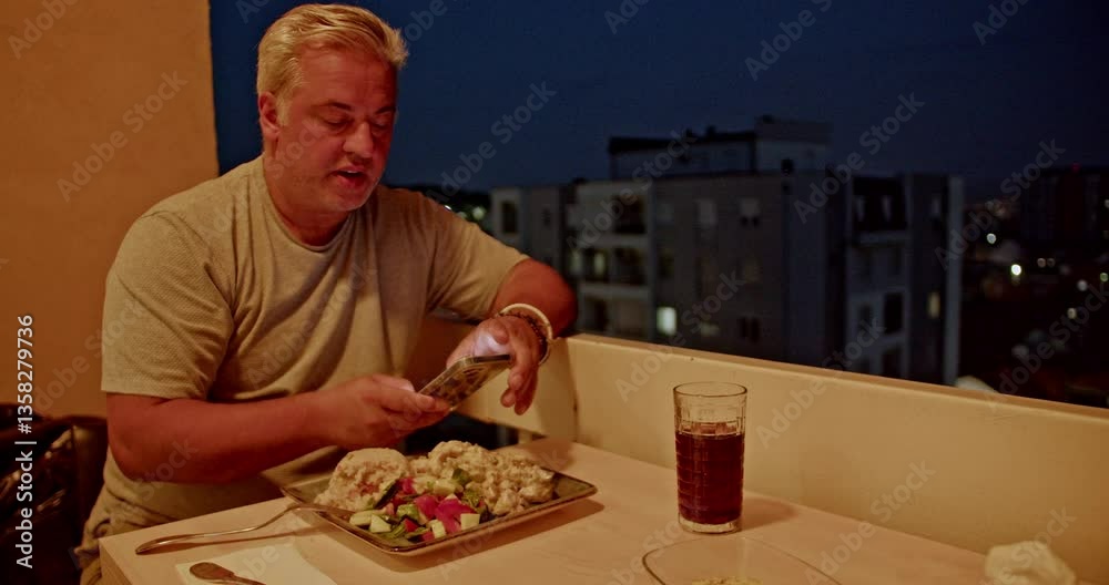 A man enjoys a delicious dinner on his balcony, savoring the flavors and the beautiful night view of the city. A man enjoys a delicious dinner on his balcony, savoring the flavors and the beautiful night view of the city.