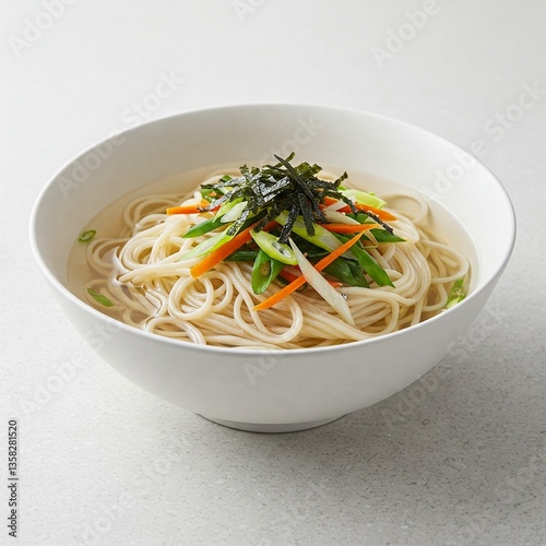 Korean Janchi Guksu Warm Noodle Soup in a White Bowl.