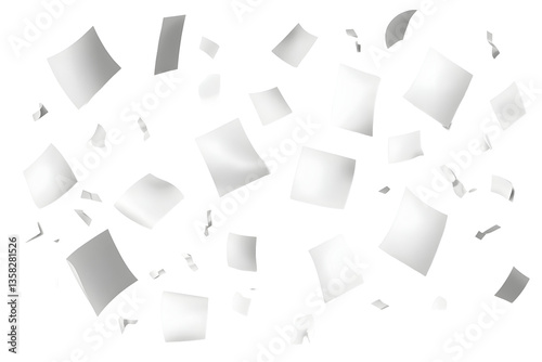 Isolated Background of Flying White Paper Sheets Scattered in Air