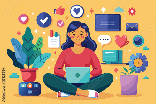 A woman sits comfortably with various gadgets and colorful emojis surrounding her as she engages online, Woman sitting with gadgets and emojis trending