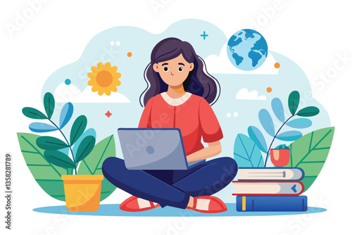 A woman sits cross-legged with a laptop, focused on her online studies among books and greenery, man with laptop sitting online education concept distance learning