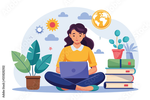 A woman sits cross-legged with a laptop, focusing on her online education in a bright, inviting study space, man with laptop sitting online education concept distance learning