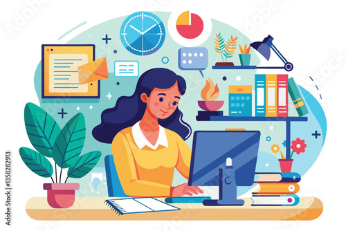 The woman engages in online mathematics studies, focused on her computer in a well-decorated space, woman studying mathematics via the internet