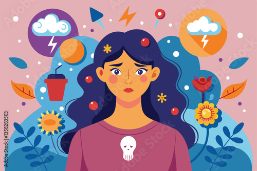 A woman displays visible frustration and sadness, reflecting hormonal mood swings amidst vivid illustrations, Woman suffers from hormones and mood swings,