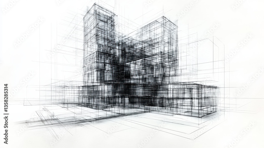 Naklejka premium Futuristic Architectural Design Blueprint Innovative Urban Development Concept with Geometric Glass and Steel Structures Showcasing a Minimalist