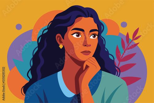 A woman appears deep in thought, resting her chin on her hand with a vibrant backdrop surrounding her, Woman thinking Customizable Disproportionate Illustration