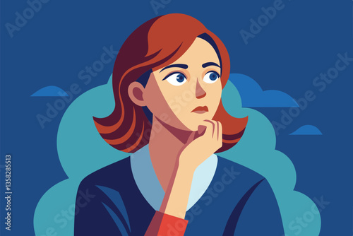 A woman contemplates deeply while resting her chin on her hand, lost in thought amidst a serene backdrop, Woman thinking Customizable Semi Flat Illustration