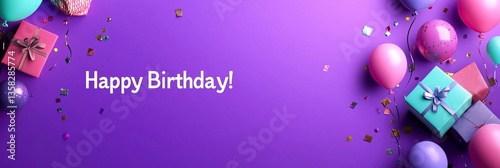 
Happy birthday background with pastel-colored balloons, gifts, and confetti on a purple background.