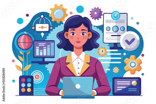 A woman engages with automated software while various technology graphics surround her, Woman with automated software concept,