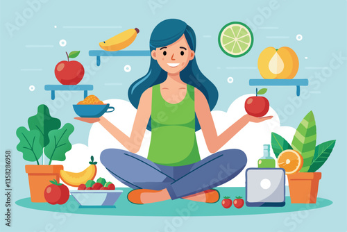 A woman enjoys a moment of wellness, balancing fresh fruit in each hand while seated among nutritious food options, Woman with healthy eating,