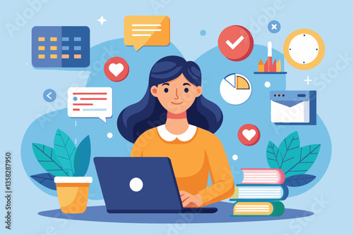 A focused woman engages with her laptop, monitoring notifications and trends in a vibrant workspace, Woman with laptop, time and notifications trending