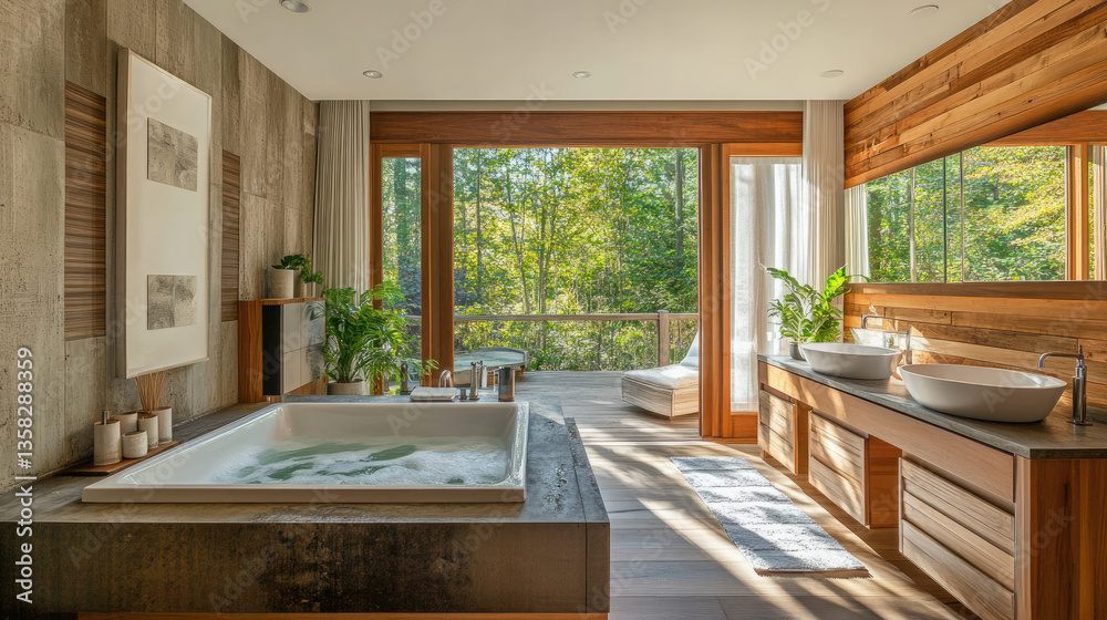 Fototapeta premium A Modern Bathroom Sanctuary with a Large Sunlit Bathtub, Natural Wood Accents, and Lush Greenery, Overlooking a Serene Forest for the Perfect Blend of Comfort and Nature