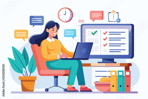 A woman organizes her tasks and goals while sitting at a computer in a cozy office setup, Woman with list of tasks and goals at computer monitor