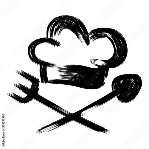 Chef's hat with spoon and fork drawn with brush strokes