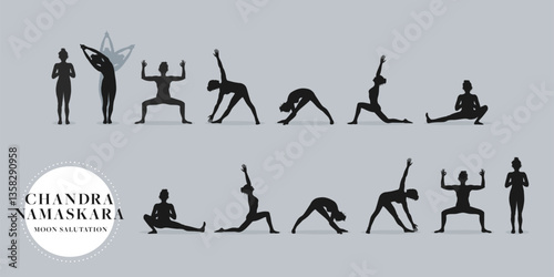 Chandra Namaskara. Yoga moon salutation. Female silhouette asana pose sequence set.