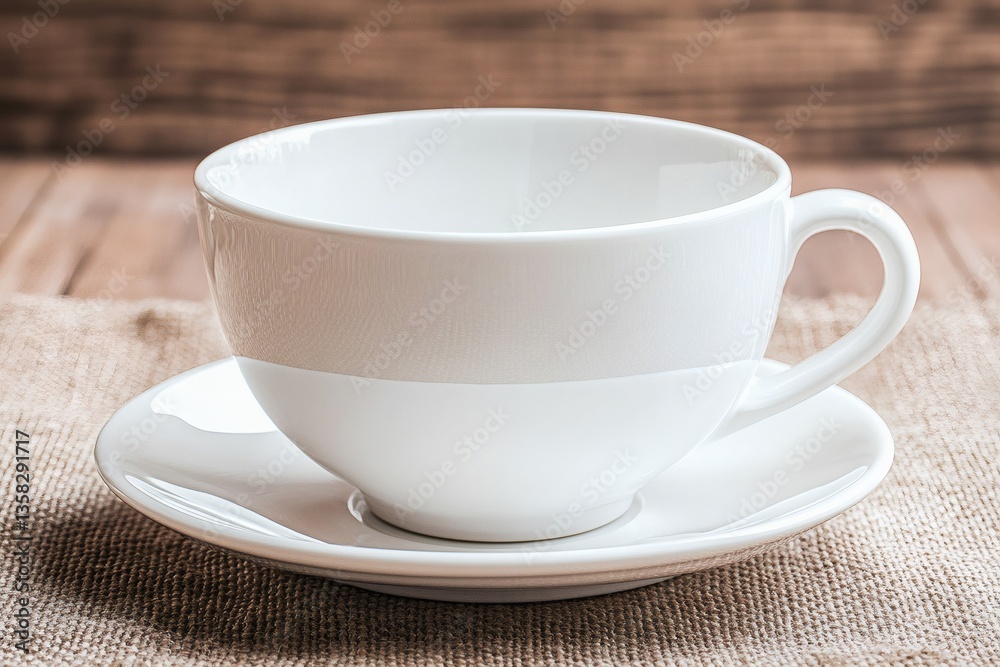 Elegant white ceramic teacup on a matching saucer atop rustic burlap fabric Elegant white ceramic teacup on a matching saucer atop rustic burlap fabric