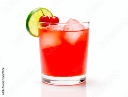 red cocktail with ice on white background