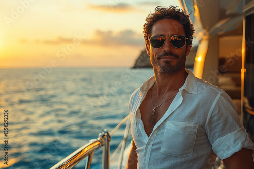A Stylish Figure on a Yacht Amidst Calm Waters