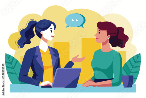 Two women converse about business strategy while seated at a desk in a vibrant office environment, Women are talking about business