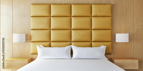 Upholstered decorative wall panel on the wall at the headboard of a double bed in the interior of a bedroom room.