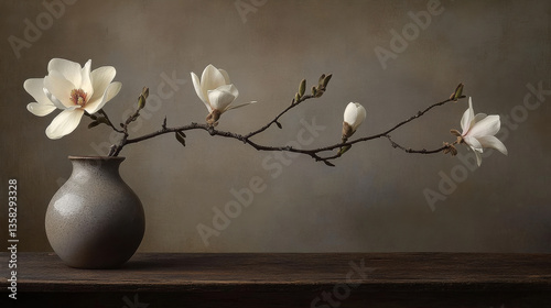 A still life arrangement of a ceramic vase holding a single magnolia branch, gracefully displayed on a minimalist wooden surface. The creamy white petals contrast with the dark twigs, evoking a time