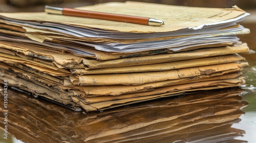 Stack of old papers, aged look, topped with a pen, on a reflective surface Stack of old papers, aged look, topped with a pen, on a reflective surface