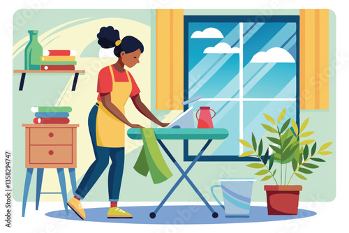 A woman meticulously irons her clothes and cleans a window in a cheerful, sunlit living space, Women ironing, washing window and floor,