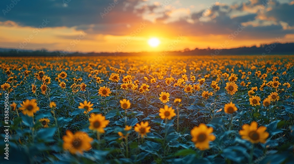 Fototapeta premium Vibrant Sunflower Field at Sunset with Golden Rays Illuminating a Bright Summer Landscape