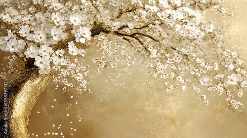 Blooming Cherry Blossom Tree Against a Golden Background During Springtime