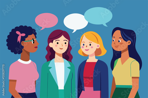 Four women are having a lively discussion, exchanging ideas and enjoying each other's company, Women talking Customizable Semi Flat Illustration