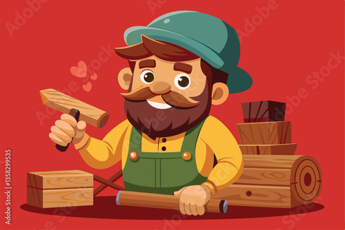 A cheerful woodworker engages in crafting wooden items surrounded by tools and materials, showcasing creativity, Woodworker Customizable Cartoon Illustration