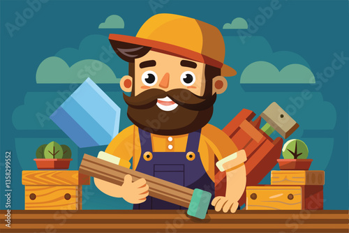 A cheerful woodworker is working in a colorful workshop, holding a tool and surrounded by wooden supplies, Woodworker Customizable Cartoon Illustration