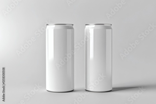 Two pristine white soda cans stand in minimalist studio setting ready for branding