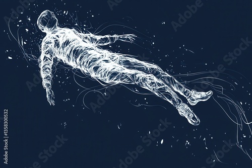 Abstract representation of a floating figure in a dark space